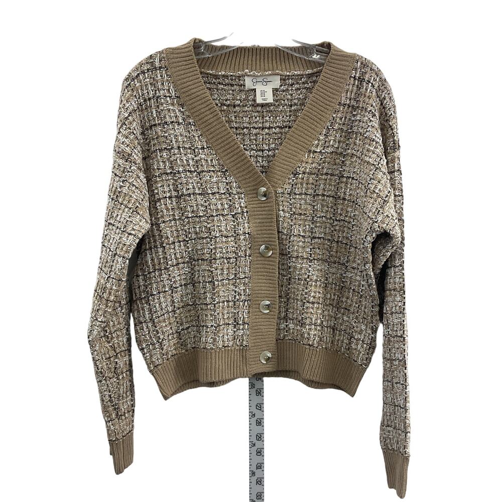 Jessica Simpson Tan and Cream Tweed Button-Up Cardigan